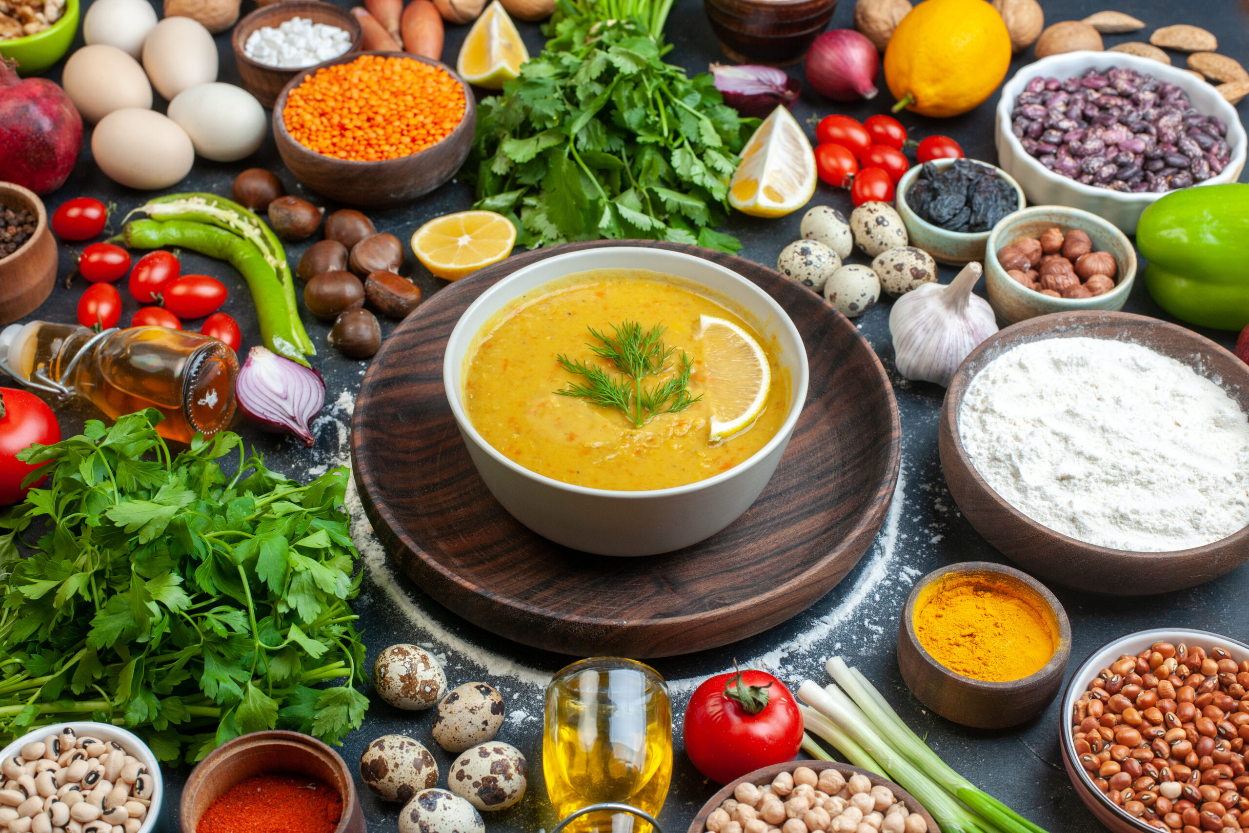 front view delicious soup served with lemon green white bowl wooden tray vegetables foods oil bottle spices black table (1)